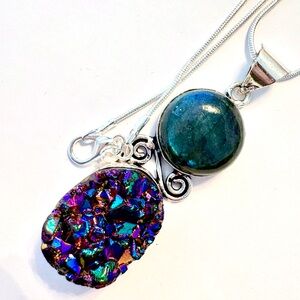 2 inch, Titanium Druzy and Fiery Labradorite pendant on a silver chain.